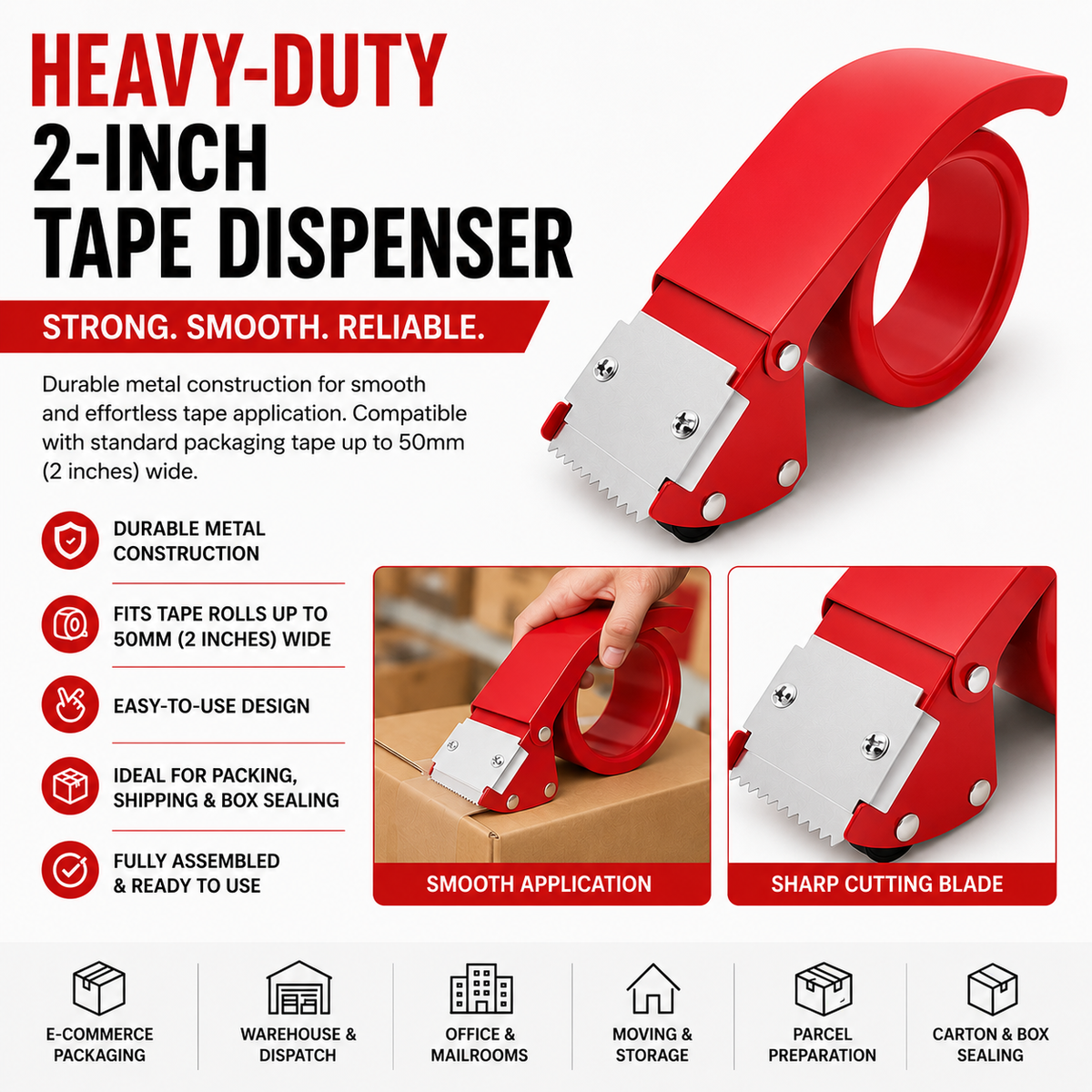 Tape Dispenser 2-Inch Heavy Duty Metal Tape Dispenser for Packaging and Sealing