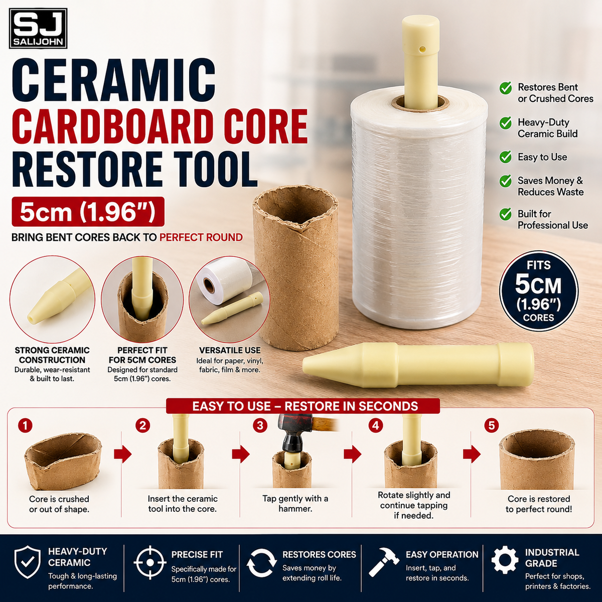 Ceramic Cardboard Core Restore Tool Fits 5cm 1.96" Straightens Bent Paper Cores