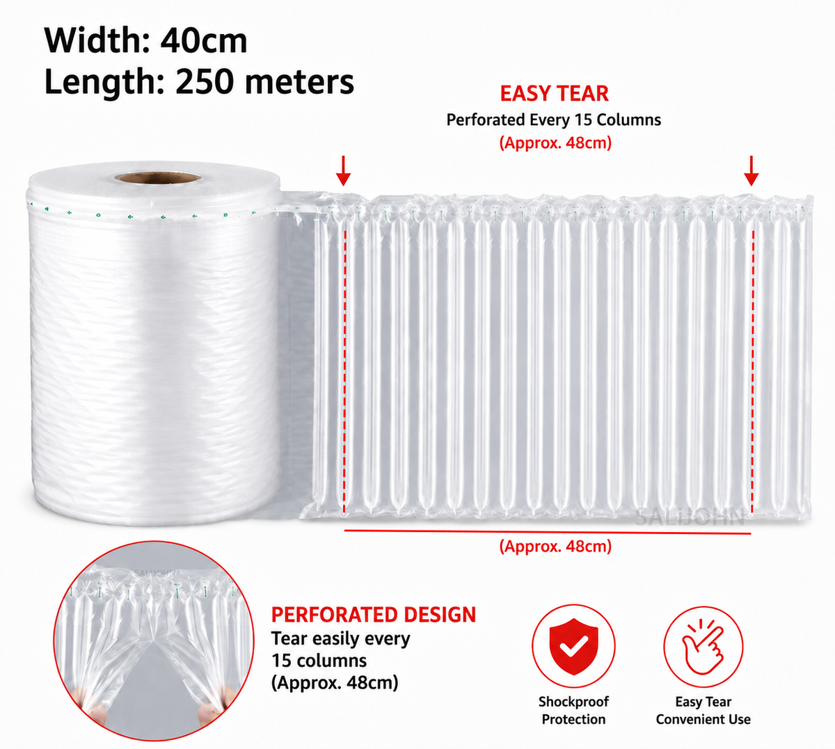 Inflatable Air Column Cushion Roll 40cm x 250m – Perforated Every 48cm – Shockproof Protective Packaging Wrap