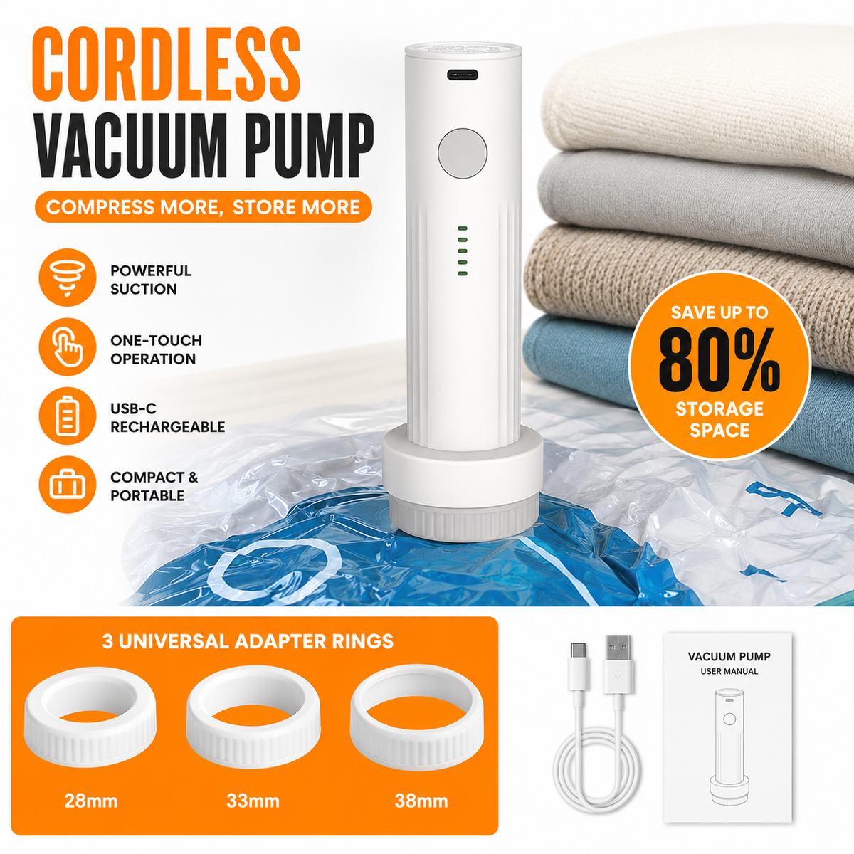 Save Space Vacuum Storage Bag Pump | USB-C Rechargeable with 3 Adapter Rings